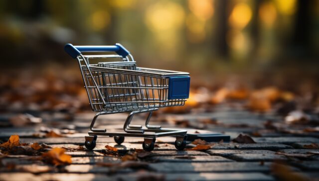 Shopping cart placed before a computer.